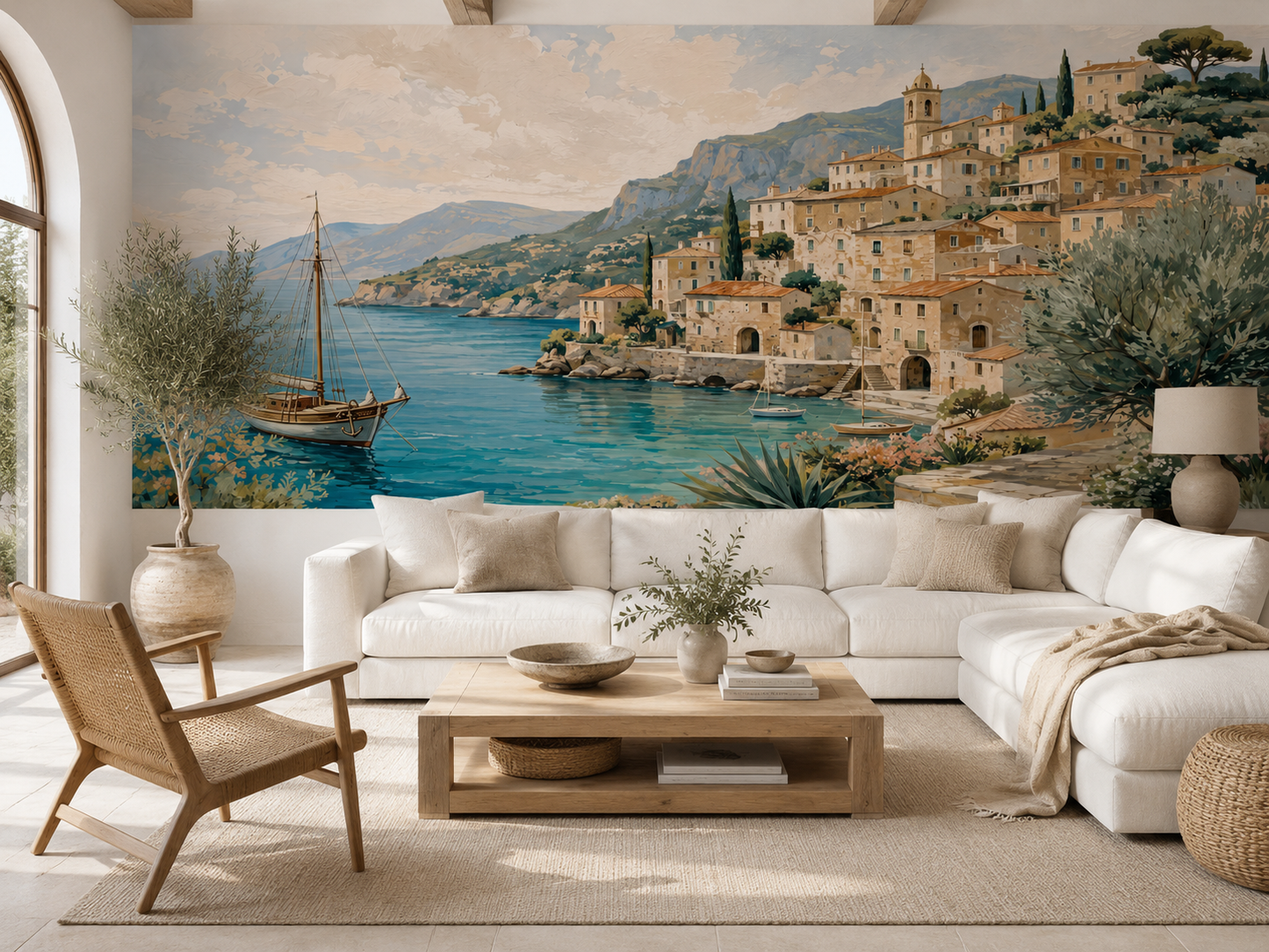 Papier peint panoramique Échappée Méditerranéenne avec village côtier et mer turquoise dans un salon lumineux