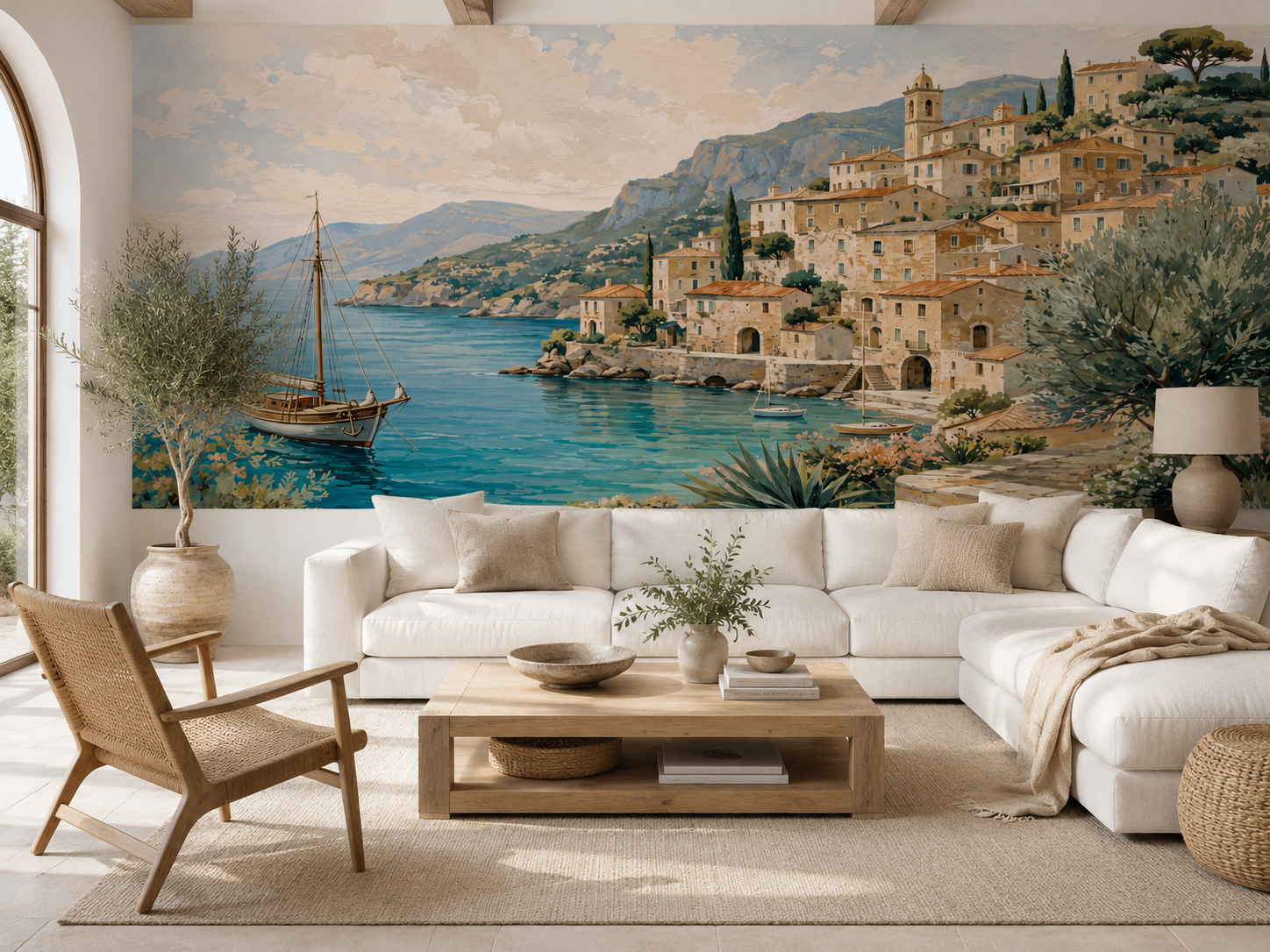 Papier peint panoramique Échappée Méditerranéenne avec village côtier et mer turquoise dans un salon lumineux