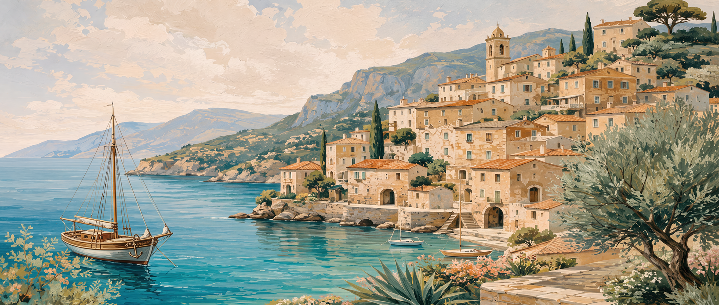 Fresque murale Échappée Méditerranéenne représentant un village côtier, un voilier et une mer turquoise