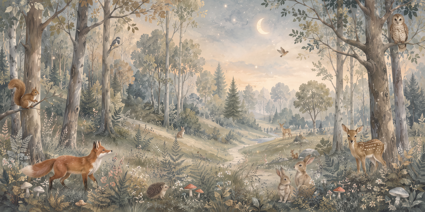Papier peint panoramique enfant Clairière Enchantée avec animaux de la forêt, renard, faon et lapins