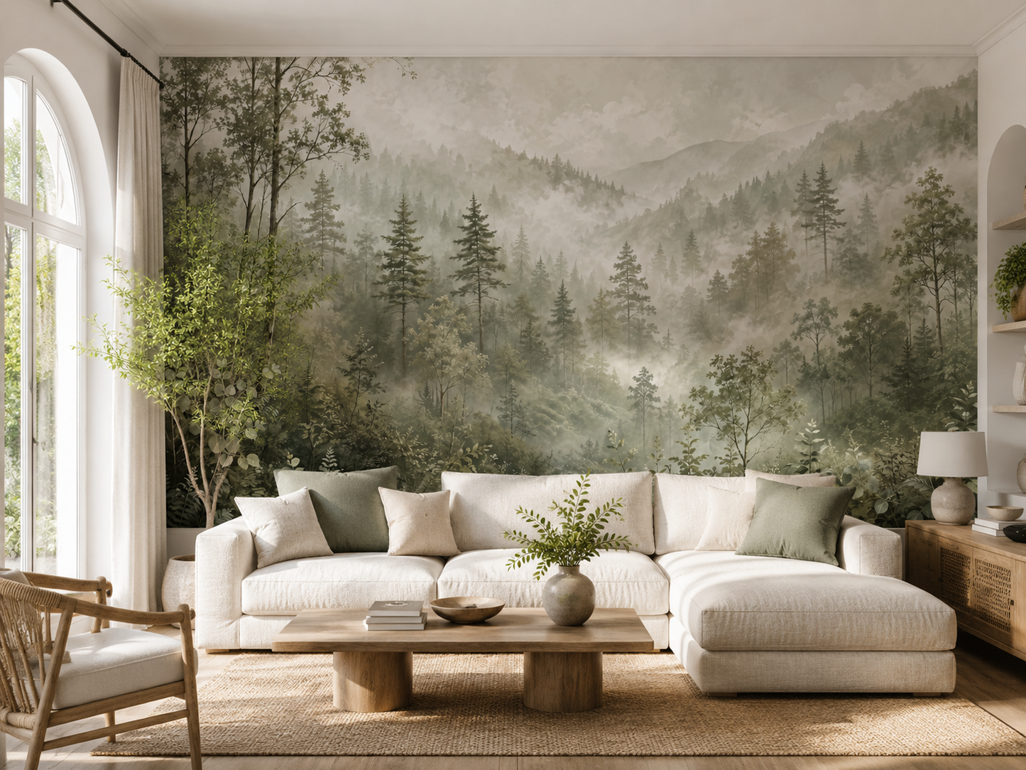 Papier peint panoramique Forêt des Brumes avec forêt et montagnes dans un salon lumineux