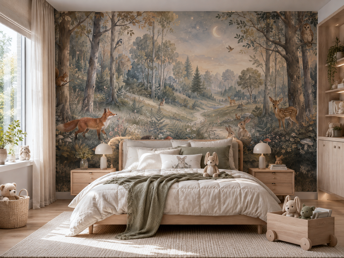 Papier peint panoramique forêt et animaux dans une chambre d’enfant aux tons naturels