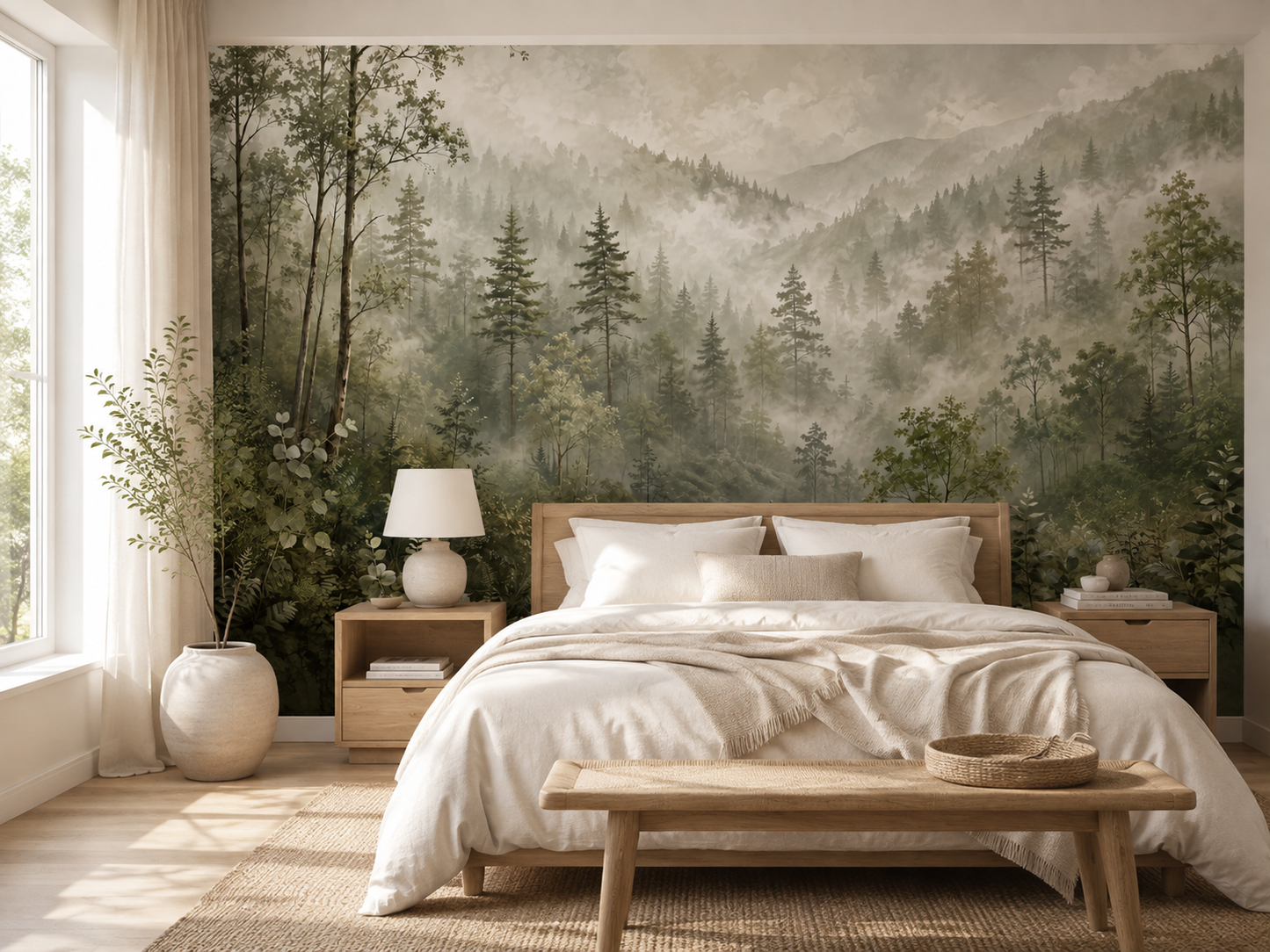 Papier peint forêt brumeuse et montagne dans une chambre adulte aux tons naturels