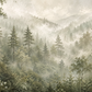 Papier peint panoramique forêt et montagne Forêt des Brumes aux nuances vert sauge et beige