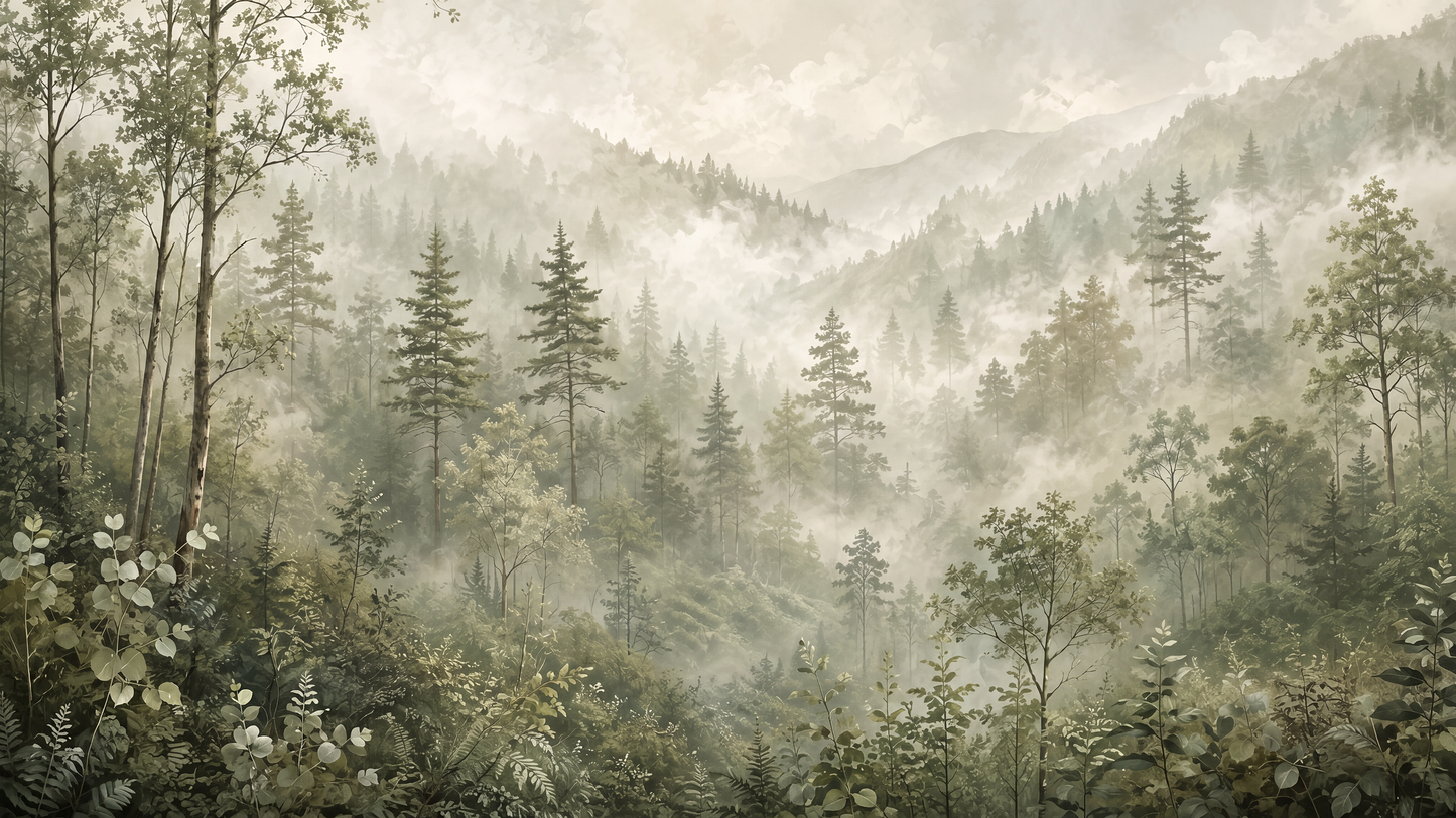 Papier peint panoramique forêt et montagne Forêt des Brumes aux nuances vert sauge et beige