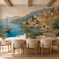 Papier peint panoramique méditerranéen avec mer turquoise, voilier et village dans une salle à manger beige