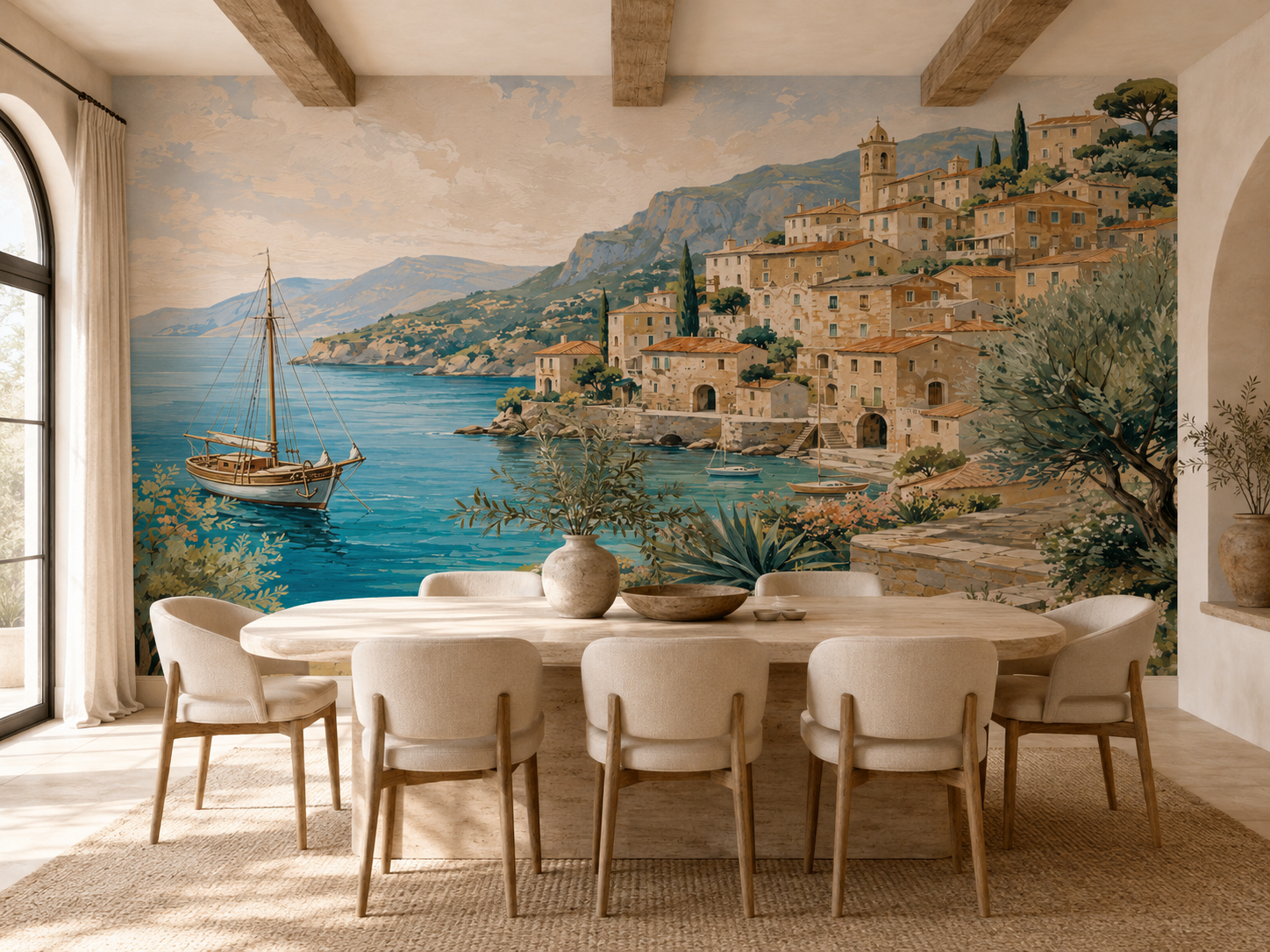 Papier peint panoramique méditerranéen avec mer turquoise, voilier et village dans une salle à manger beige