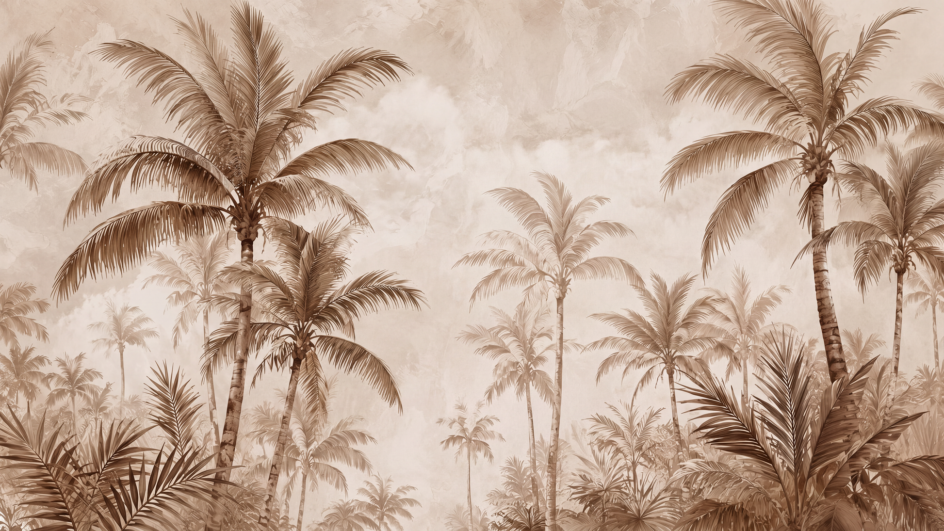 Papier peint panoramique Palmeraie Sépia avec palmiers beige et brun sur fond clair