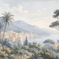 Papier peint panoramique paysage méditerranéen avec village côtier, mer, montagnes, cyprès et pins parasols