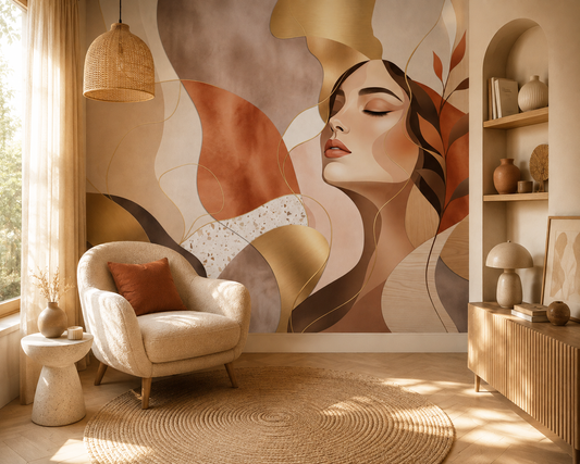 Chambre adulte bohème avec papier peint panoramique femme abstraite terracotta Muse d’Ambre, mobilier en bois et décoration beige.