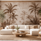 Papier peint tropical beige avec palmiers Palmeraie Sépia dans un salon aux tons naturels