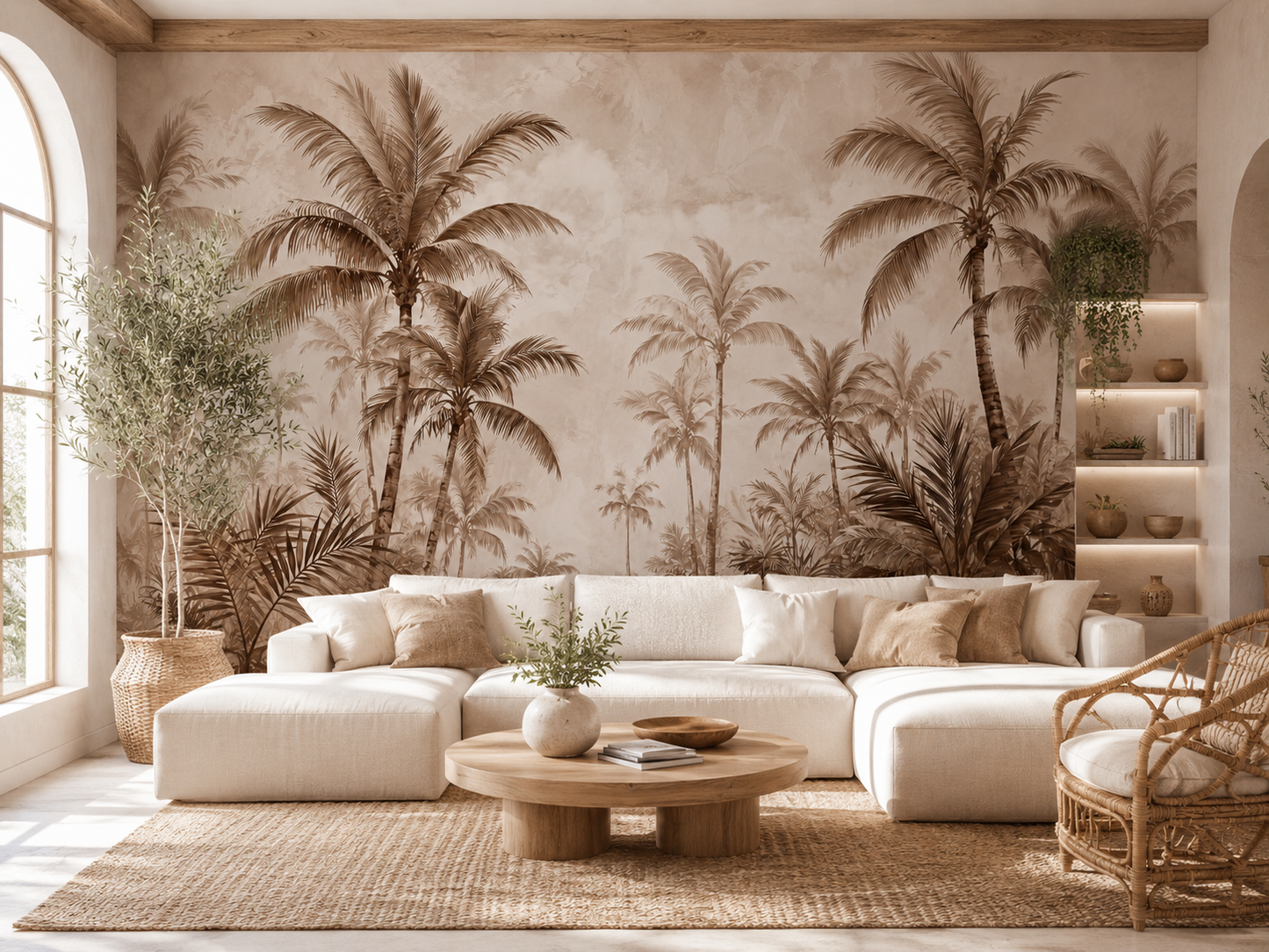 Papier peint tropical beige avec palmiers Palmeraie Sépia dans un salon aux tons naturels
