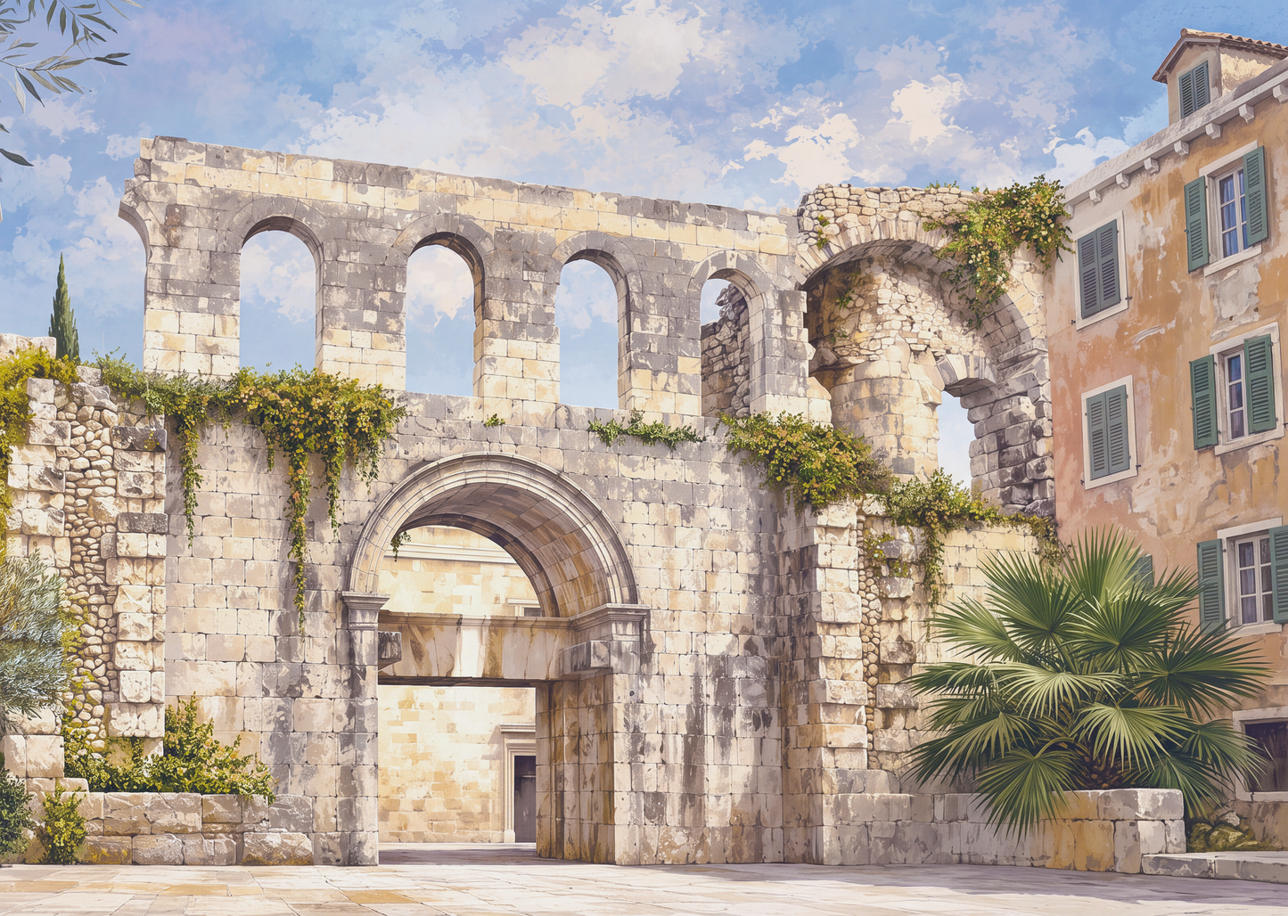Papier peint panoramique Vestiges de Dalmatie avec ruines en pierre et architecture méditerranéenne en Croatie