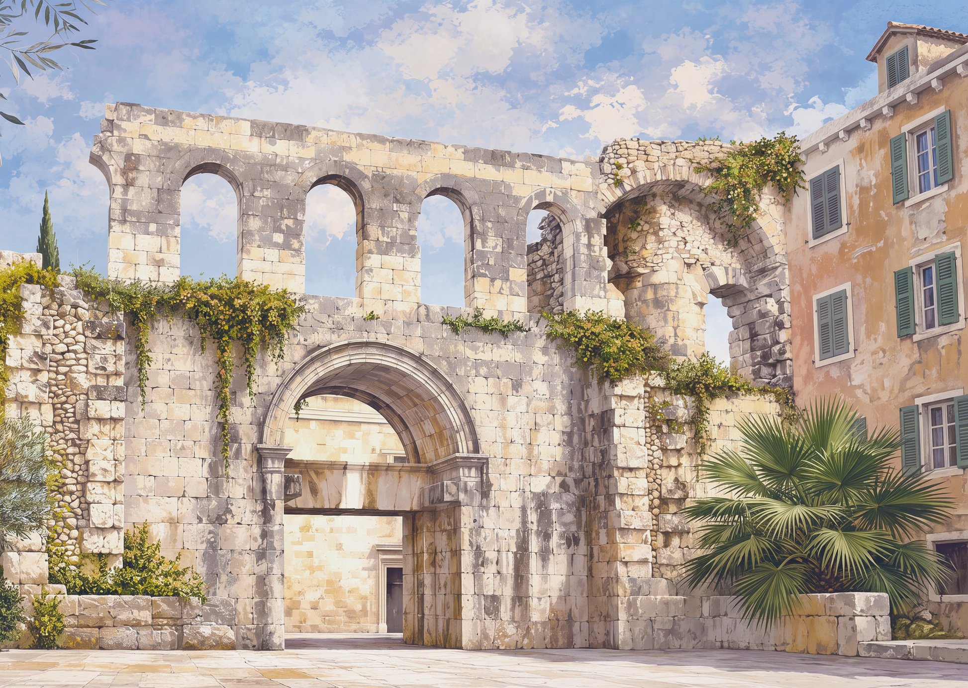 Papier peint panoramique Vestiges de Dalmatie avec ruines en pierre et architecture méditerranéenne en Croatie