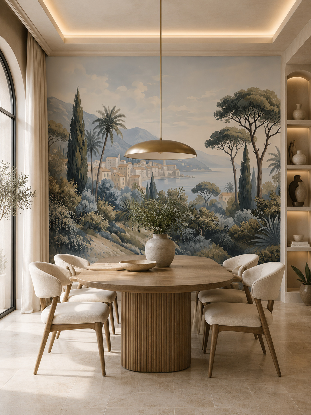 Papier peint paysage méditerranéen avec village côtier dans une salle à manger élégante