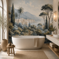 Papier peint panoramique paysage méditerranéen dans une salle de bain élégante avec baignoire