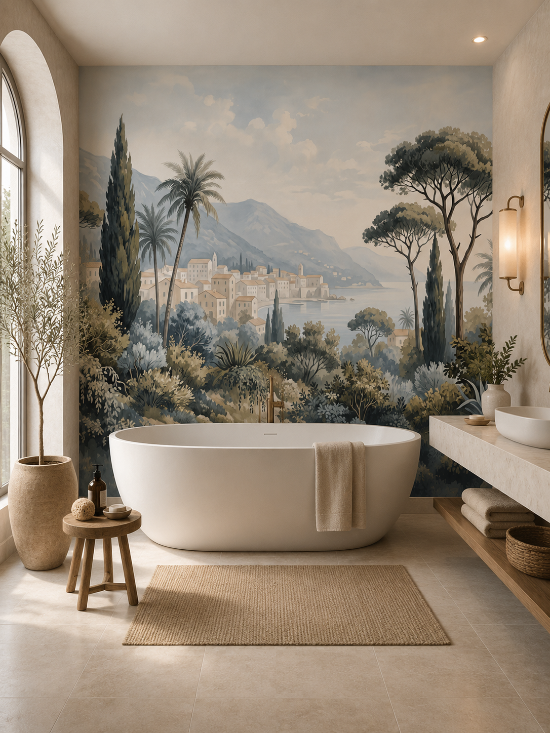 Papier peint panoramique paysage méditerranéen dans une salle de bain élégante avec baignoire