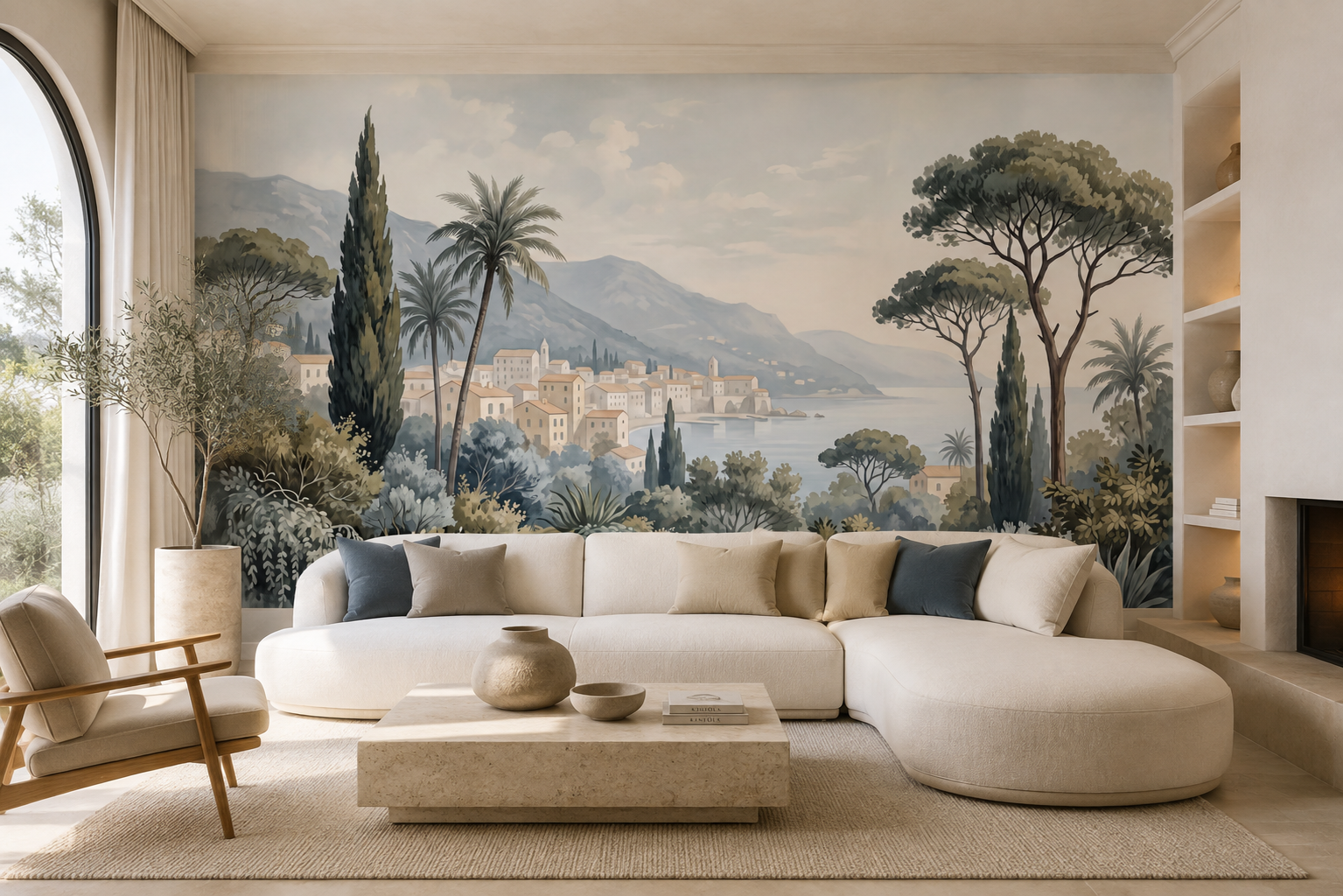 Papier peint panoramique paysage méditerranéen dans un salon élégant aux tons naturels