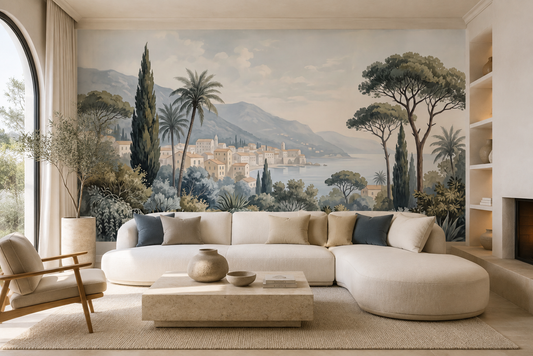 Papier peint panoramique paysage méditerranéen dans un salon élégant aux tons naturels