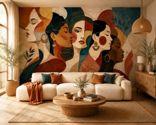 Salon chaleureux avec papier peint panoramique Éclat de Femmes représentant plusieurs portraits féminins abstraits dans des tons terracotta et bleu profond.