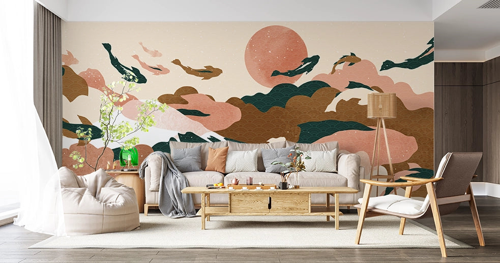 Papier peint panoramique carpe Koï Japonais - Poésie Murale