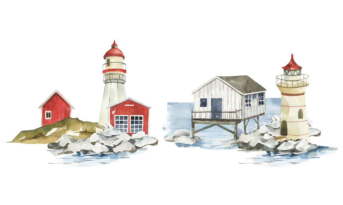 Illustration aquarelle de phares, cabanes et rochers sur un rivage