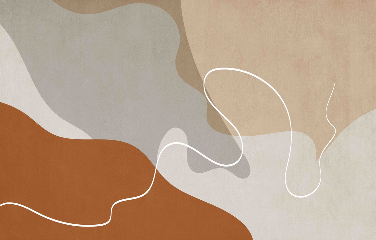 Décor mural abstrait beige terracotta et gris aux formes organiques et lignes blanches