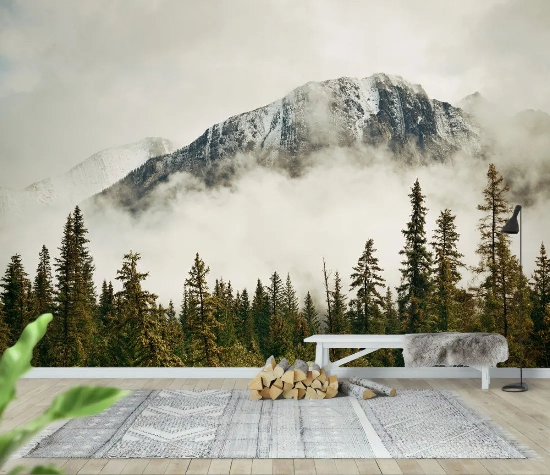 Papier peint panoramique brume et montagne enneigée - Poésie Murale