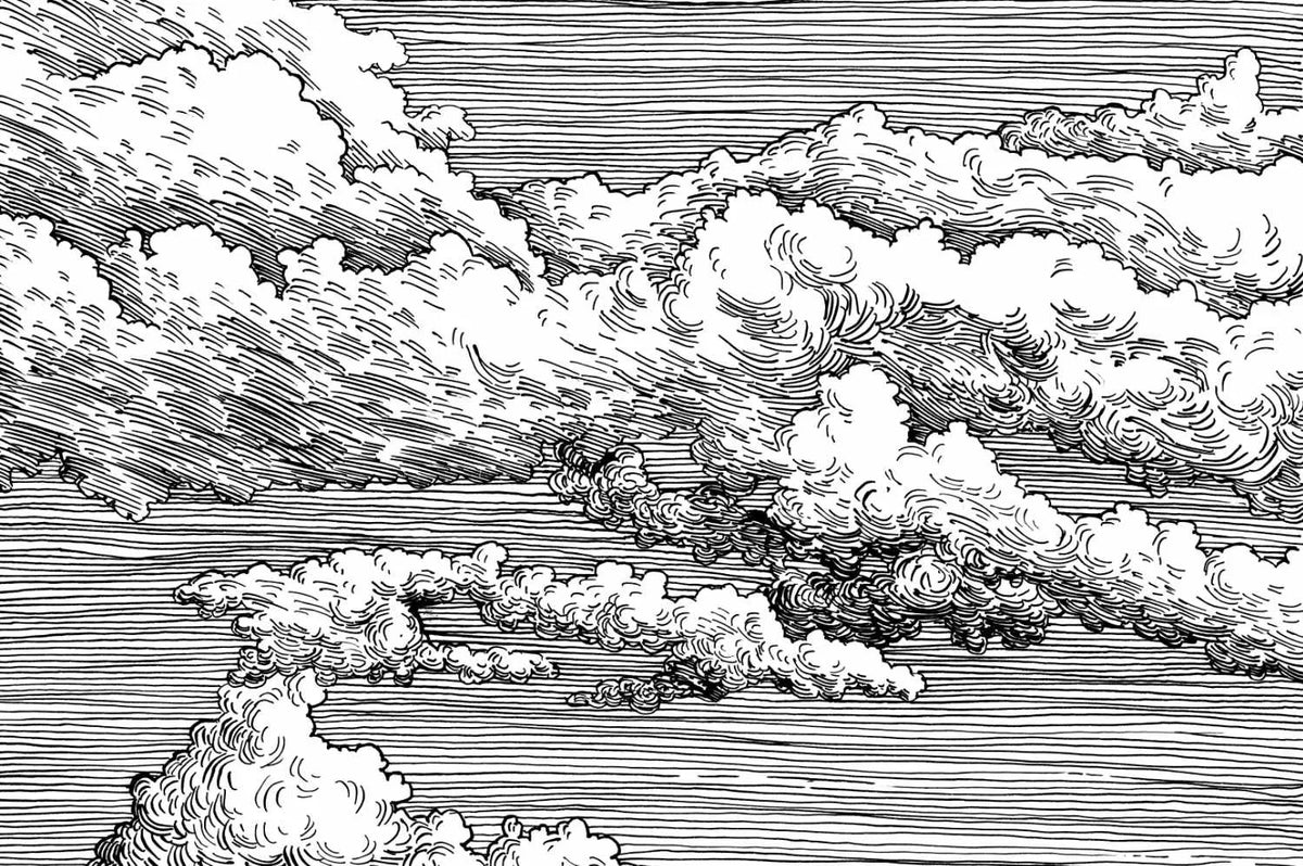 Papier peint panoramique illustration graphique ciel nuageux noir et blanc - Poésie Murale