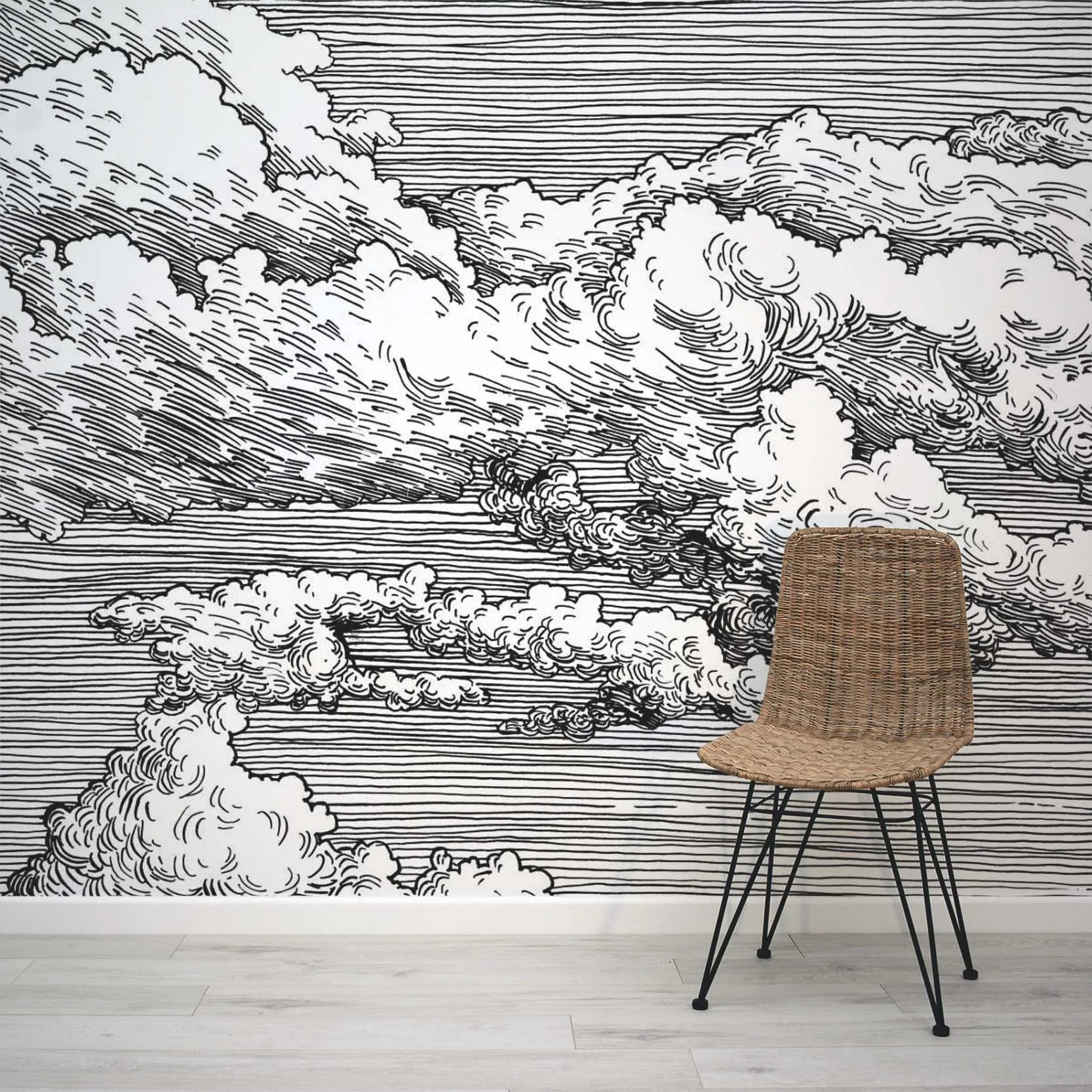 Papier peint panoramique illustration graphique ciel nuageux noir et blanc