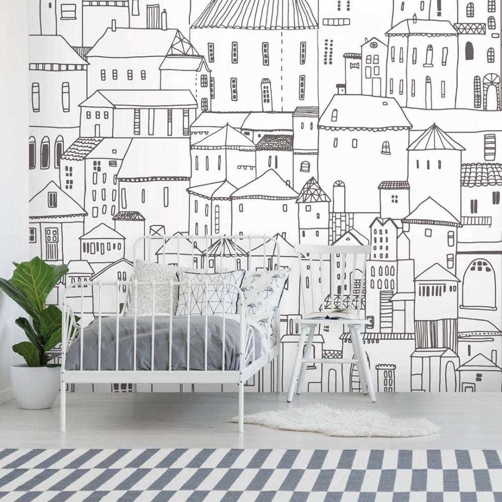 Papier peint panoramique illustration ville noir et blanc - Poésie Murale