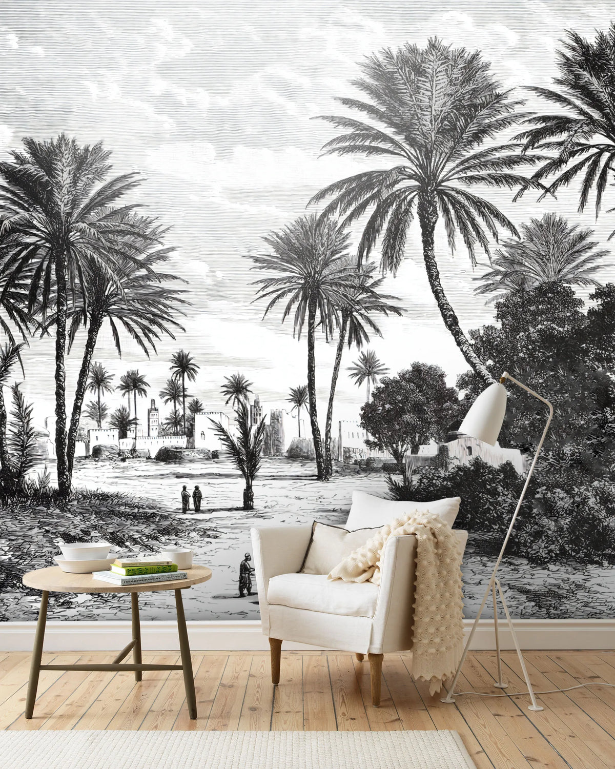 Papier peint panoramique tropical noir et blanc - Poésie Murale
