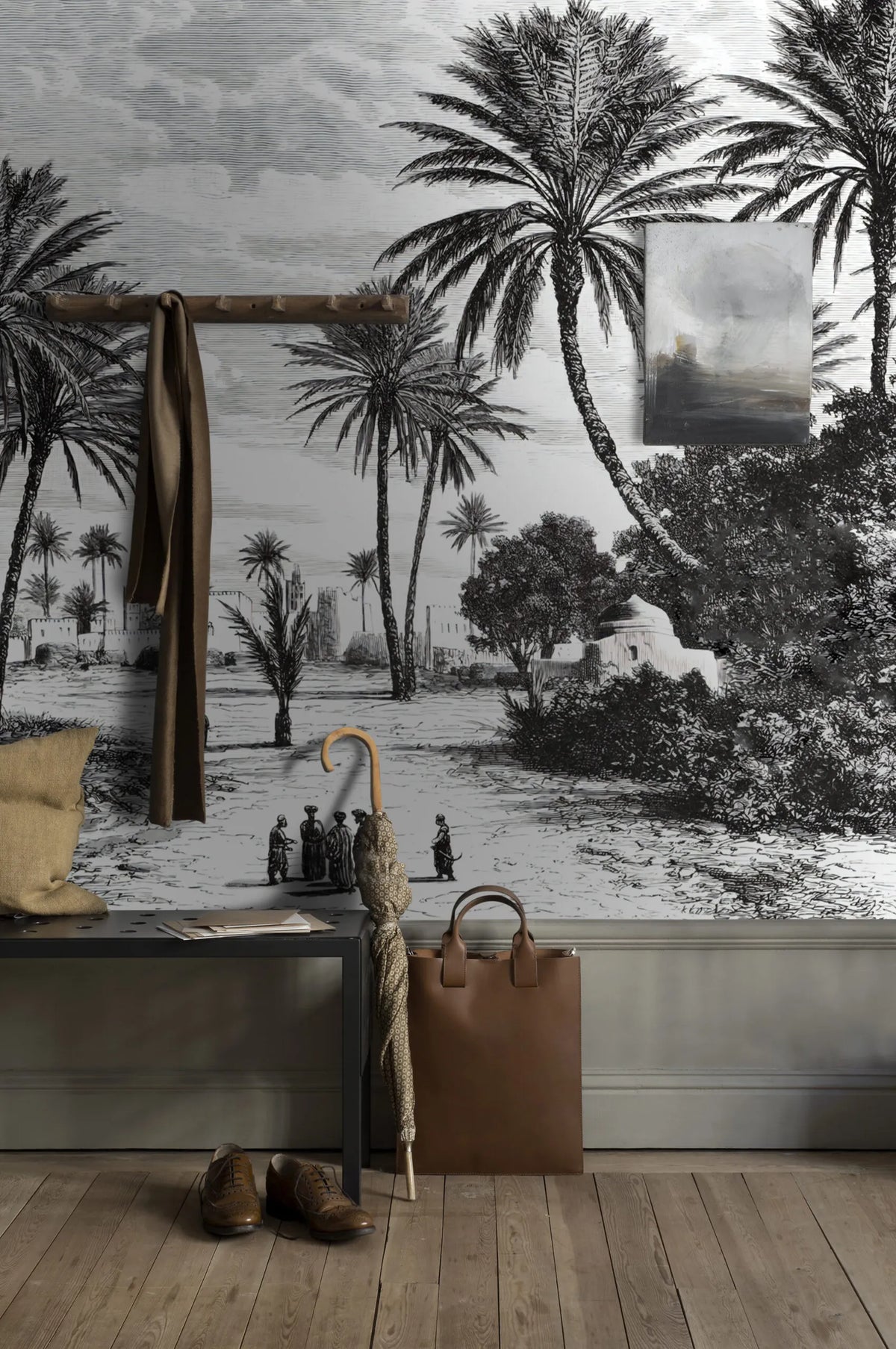 Papier peint panoramique tropical noir et blanc - Poésie Murale