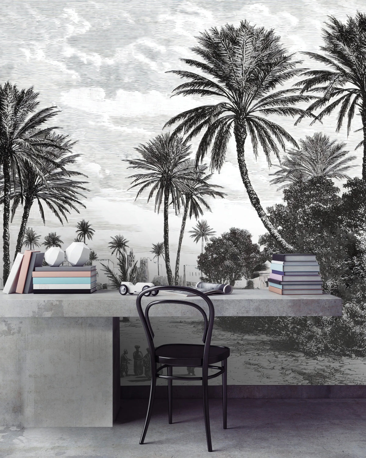 Papier peint panoramique tropical noir et blanc - Poésie Murale