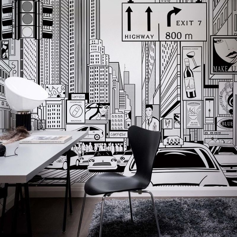 Papier peint panoramique illustration times square en noir et blanc - Poésie Murale