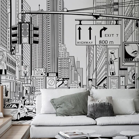 Papier peint panoramique illustration times square en noir et blanc - Poésie Murale