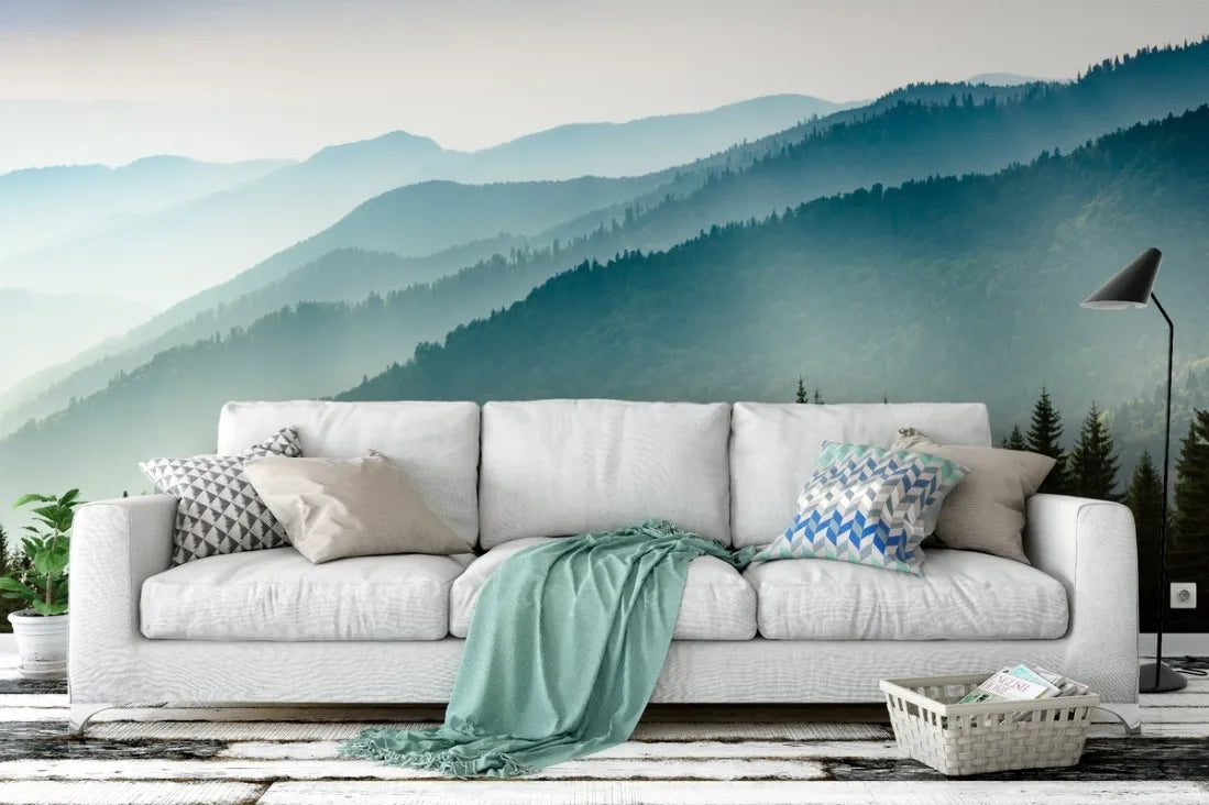Papier peint panoramique montagne sous la brume - Poésie Murale