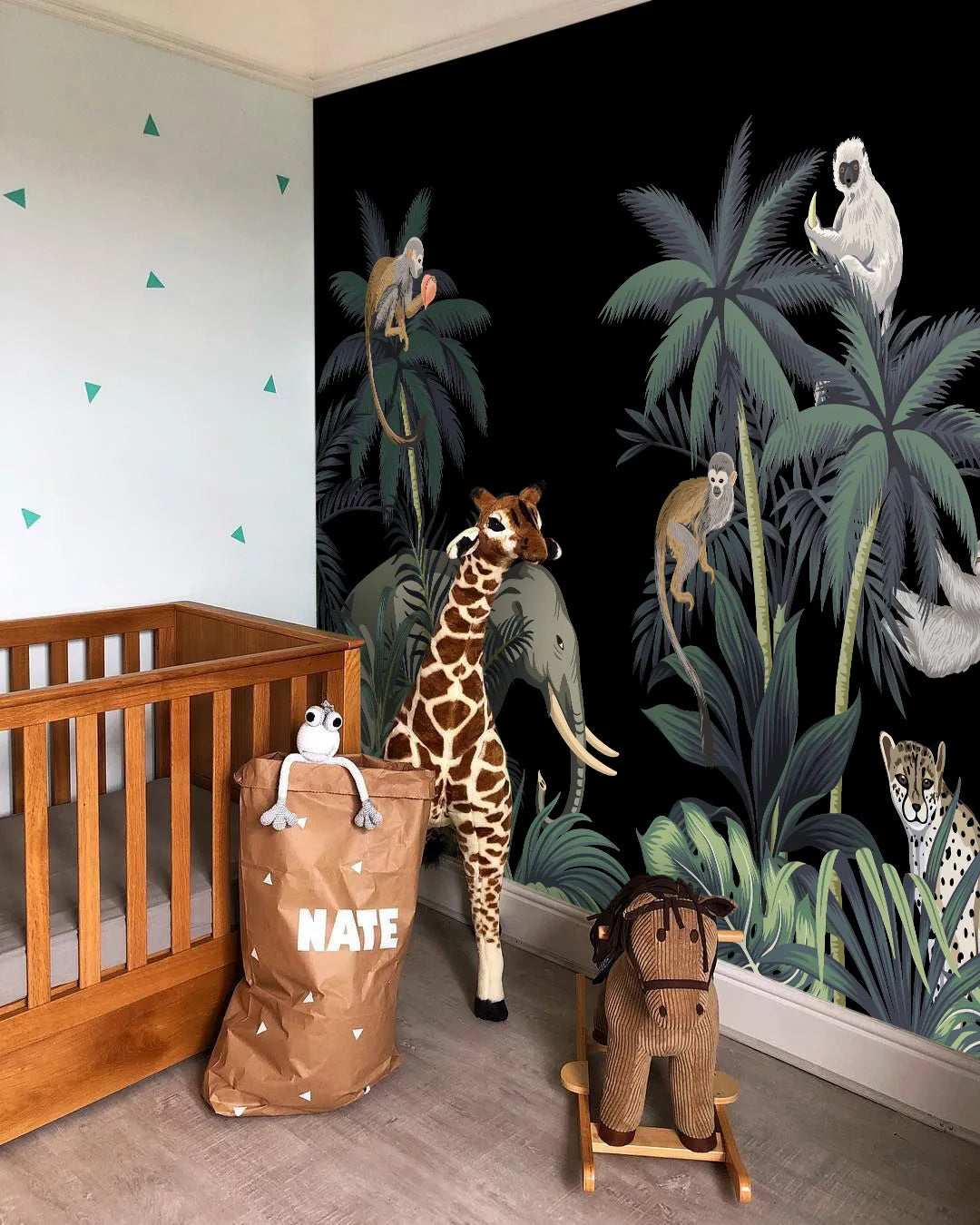 Papier peint panoramique animaux de la savane singe et palmier
