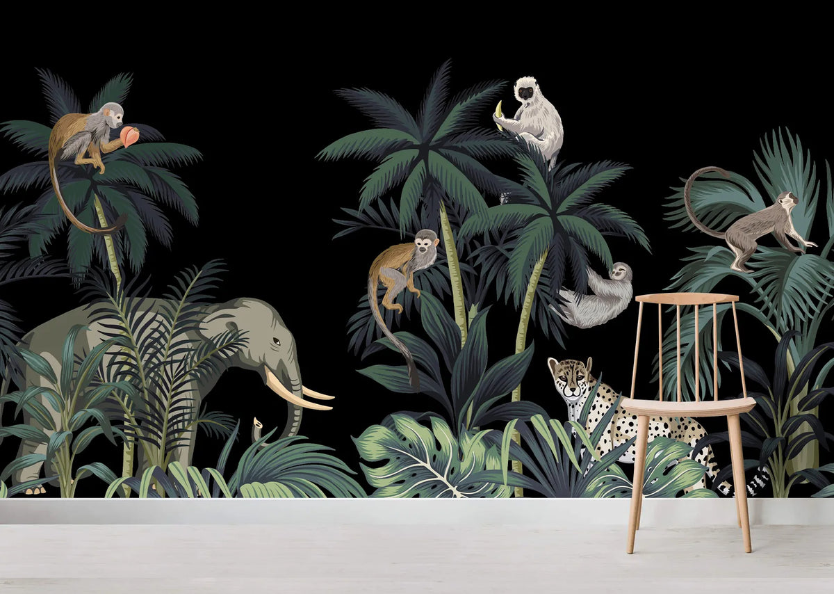 Papier peint panoramique animaux de la savane singe et palmier