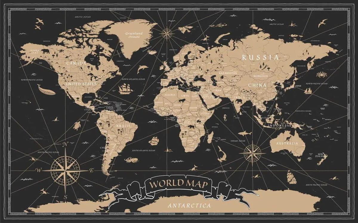 Papier peint panoramique carte du monde noir et beige