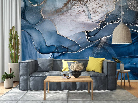Papier peint effet résine marbre bleu - Poésie Murale