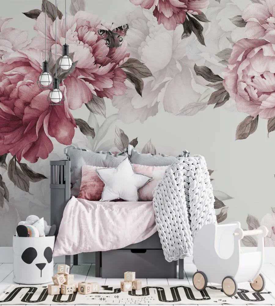 Papier peint fleurs de pivoine rose et rouge - Poésie Murale