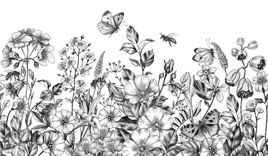 Papier peint floral noir et blanc - Poésie Murale