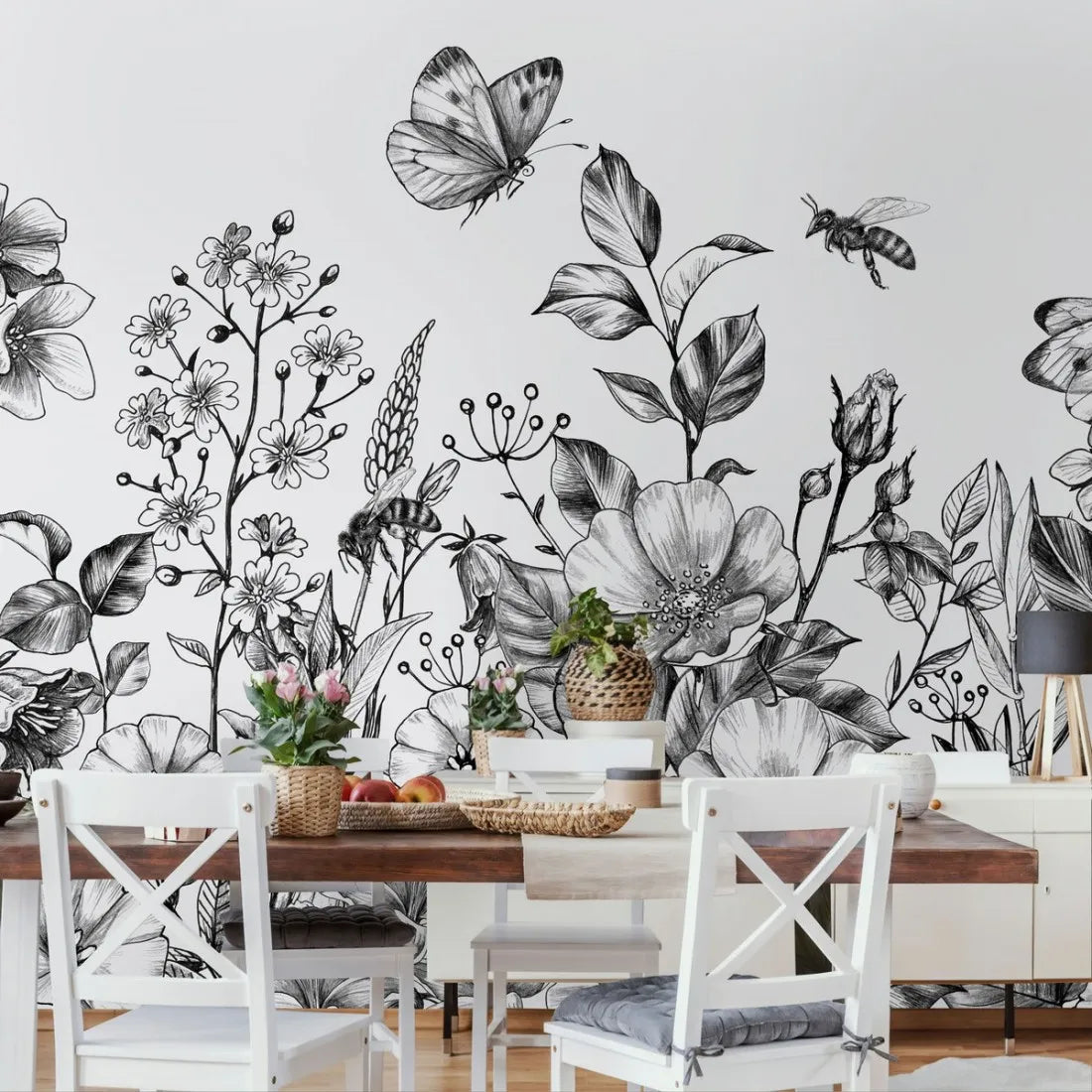 Papier peint floral noir et blanc - Poésie Murale