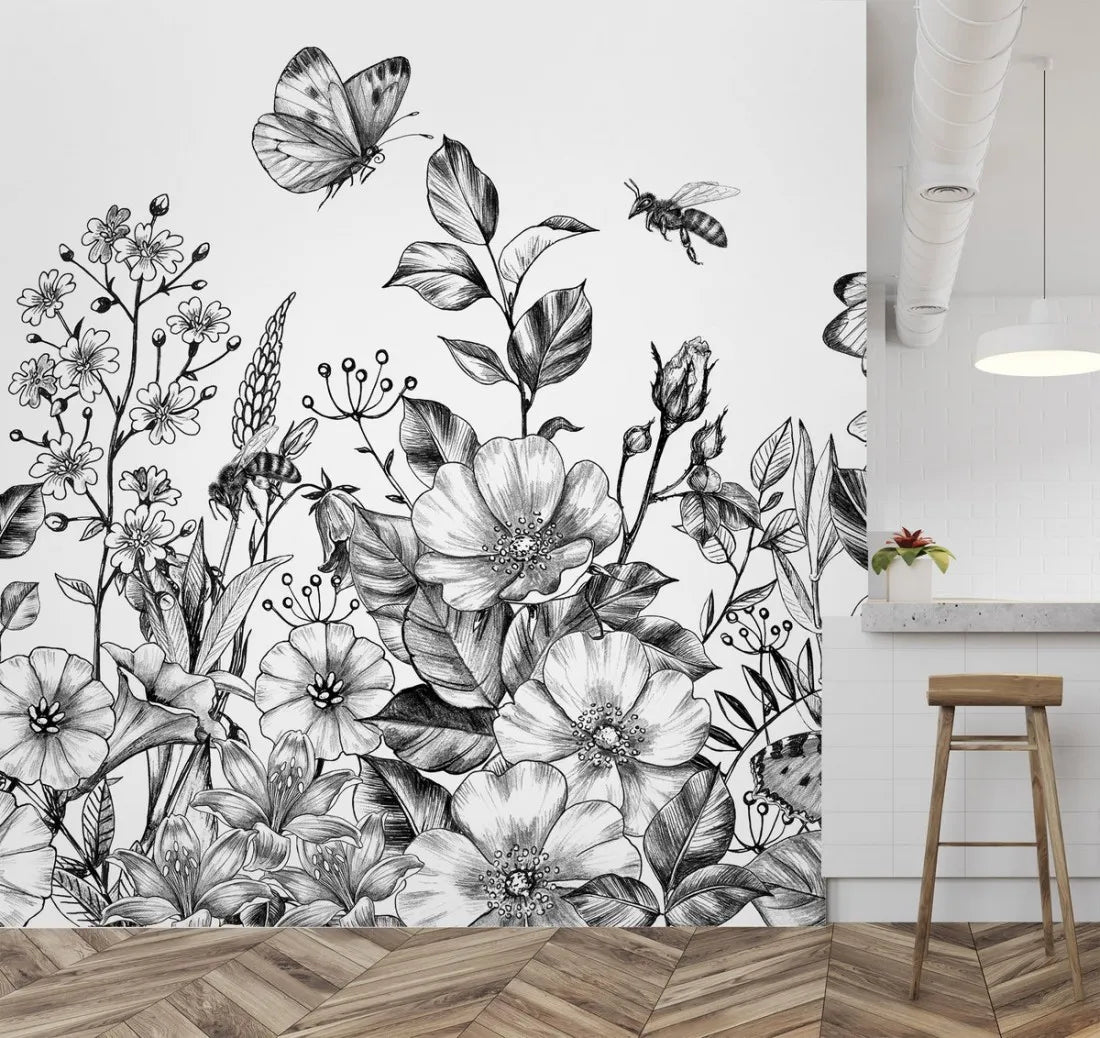 Papier peint floral noir et blanc - Poésie Murale