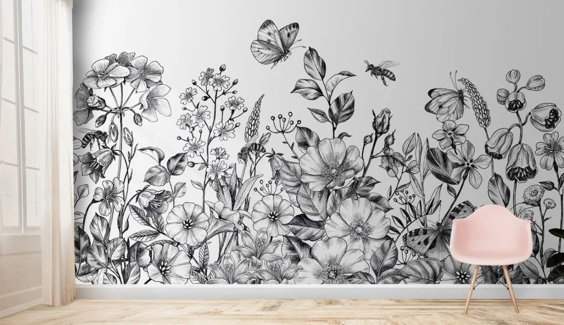 Papier peint floral noir et blanc - Poésie Murale