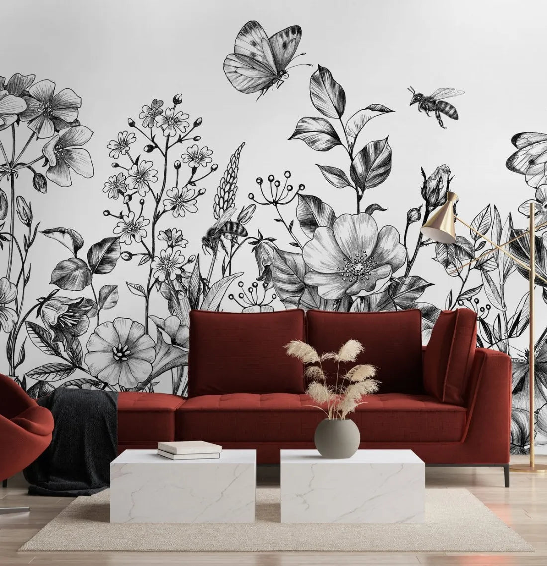 Papier peint floral noir et blanc - Poésie Murale