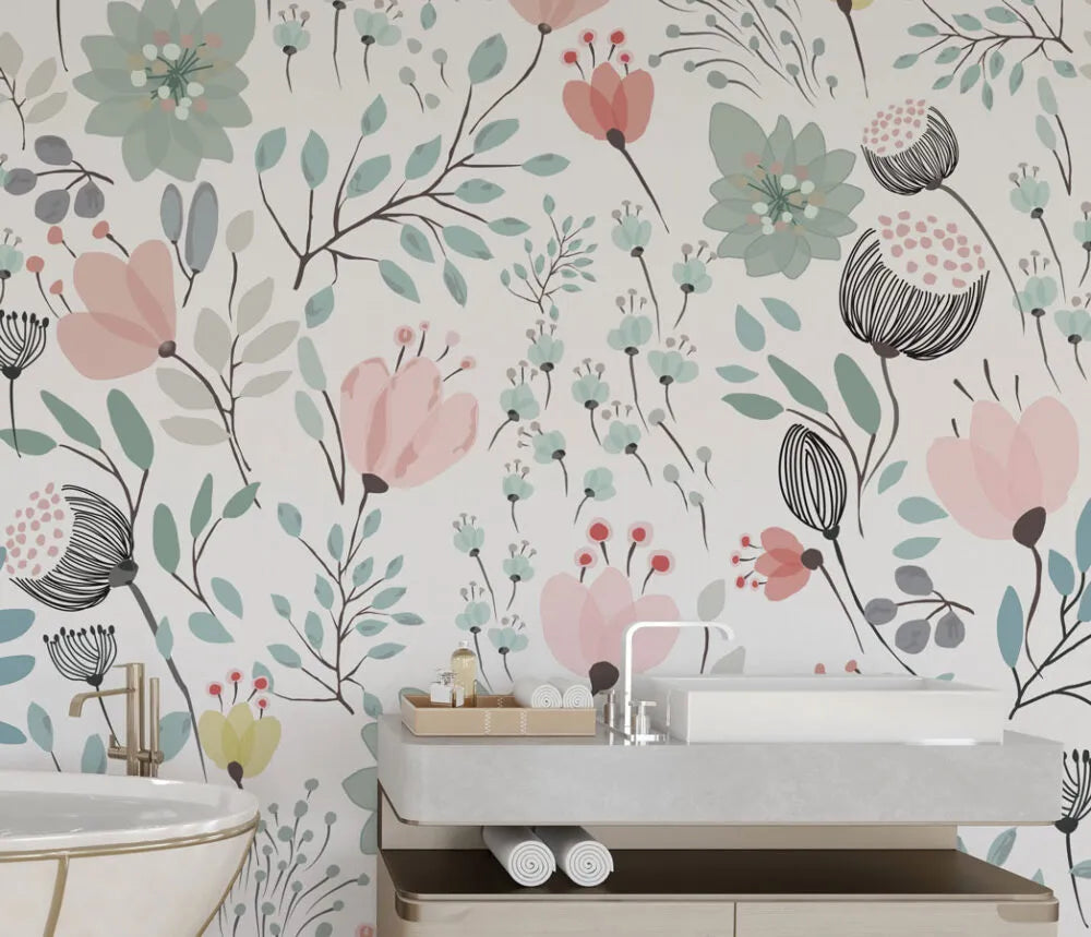 Papier peint illustration florale graphique - Poésie Murale