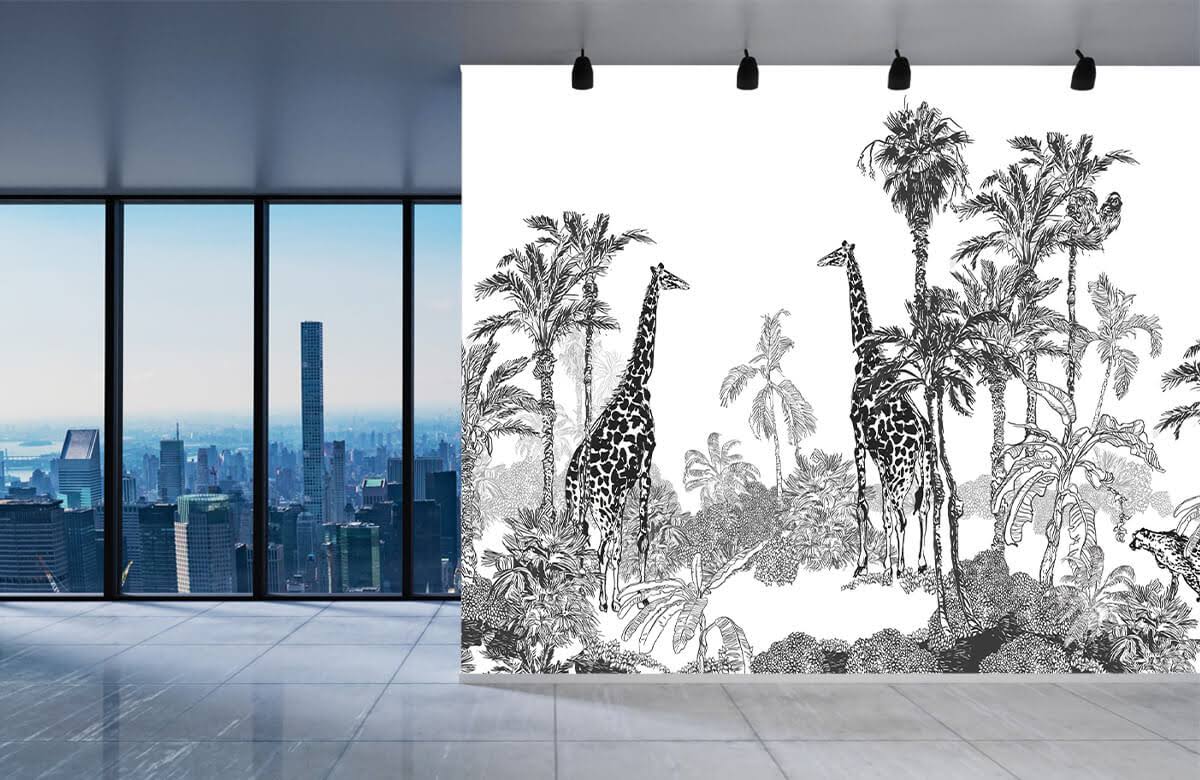 Papier peint girafe dans la savane noir et blanc