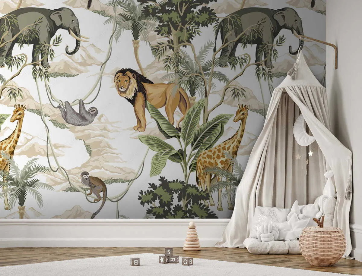 Papier peint panoramique Lion girafe et éléphant
